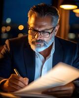 High End Corporate Executive Reviewing Tax Reports in Luxurious Office photo