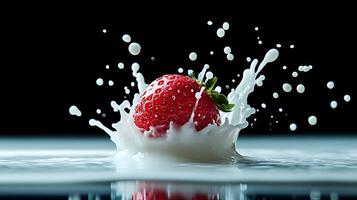 Ripe Strawberry Splashing into Milk long title A visually striking image showcasing a fresh ripe photo