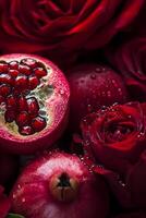 Pomegranate and Deep Red Roses in High Detail photo
