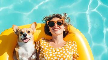 Stylish Woman Floating on Inflatable Raft with Playful Corgi in Luxury Pool photo