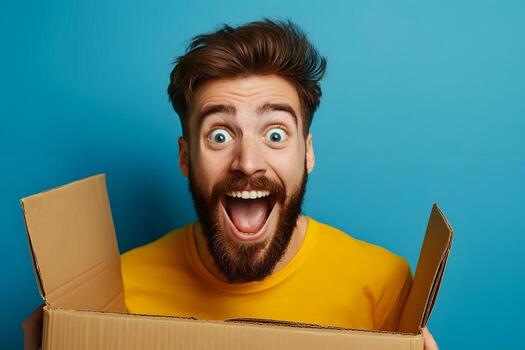 Surprised and excited man with beard looking into cardboard box photo