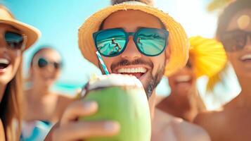 Friends Enjoying Refreshing Coconut Water on Tropical Beach Vacation photo