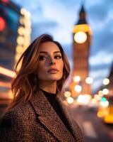 Fashionable and Confident Travel Influencer Posing in Front of Iconic City Landmark with Dramatic photo