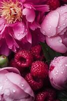 Raspberries and Peonies with Water Droplets photo