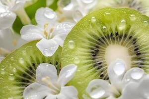 Kiwi Slices with Jasmine Flowers and Water Droplets photo