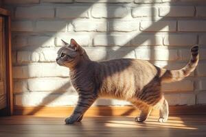 Cat Walking on Wooden Floor in Minimalist Setting photo