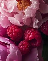 A photo of Raspberries and Peonies with Water Droplets