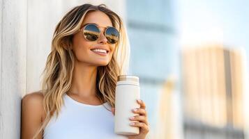 Stylish Woman Holding Sleek Reusable Water Bottle in Urban Setting with Natural Lighting and photo