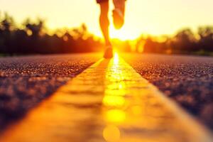 Endurance on an Empty Road under the Glowing Sunrise Sky photo