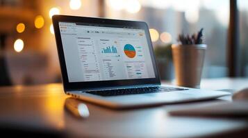 Modern Workspace with Laptop Displaying Tax Return Software and Sleek Business Analytics photo