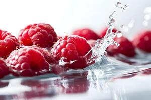 Juicy raspberries plunging into refreshing water creating an elegant splash effect photo