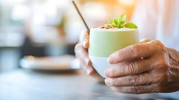 Elegant Elderly Person Enjoying Nutrient Dense Smoothie at Wellness Caf photo