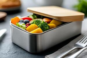 Stainless steel lunchbox with fresh organic food on countertop photo