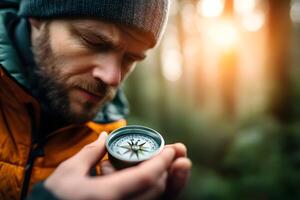 Hiker Using Compass to Navigate Through Dense Forest for Adventurous photo