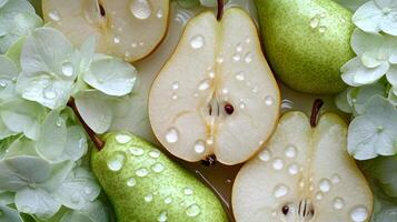 A photo of Pears and Hydrangeas with Water Droplets