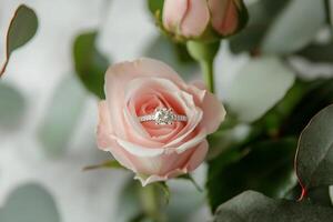 Rose with Engagement Ring in Dreamy Romantic Scene photo