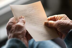 Elderly Person Receiving Heartfelt Thank You Letter in Warm Emotional Moment of Natural Lighting photo