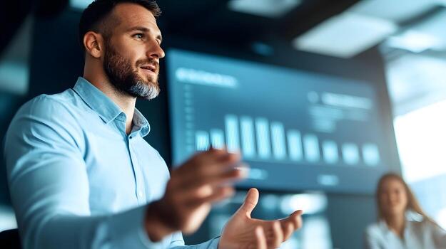Startup Founder Giving Engaging Presentation to Team in Modern Office photo