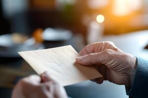 Elderly Person Receiving Heartfelt Thank You Letter in Warm Emotional Moment photo
