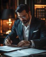 Successful entrepreneur signing important invoice in high end office with elegant and sophisticated photo