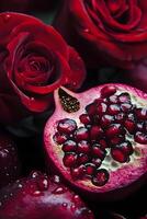 Pomegranates and Deep Red Roses with Water Droplets photo
