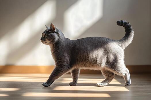 A gray cat walking on a wooden floor in a minimalist style photo