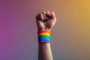 Raised Fist with Rainbow Wristband Symbolizing LGBTQ Activism and Pride photo