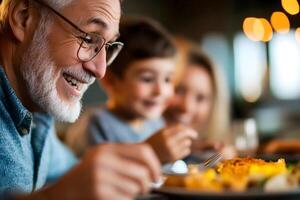 Vibrant and Joyful Family Sharing a Meal Together in Warm Celebratory Atmosphere photo