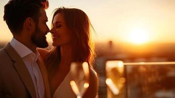 Romantic Sunset Embrace on Luxury Hotel Balcony Soft Golden Light and Dreamy Aesthetic photo