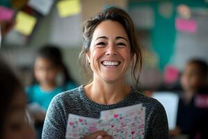 Overjoyed Teacher Surprised with Heartfelt Thank You Notes from Students in Warm Inviting Classroom photo