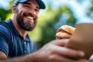 Friendly Delivery Driver Handing Food Package to Smiling Customer at Front Door photo