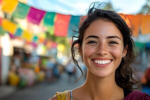 Joyful Traveler Explores Vibrant Outdoor Market with Colorful Cultural Backdrop photo