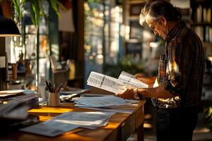 Small Business Owner Reviewing Invoice at Desk in Warm Lighting photo
