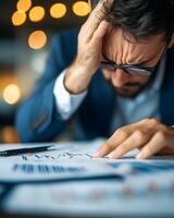 Overwhelmed Businessman Drowning in Corporate Finance Data and Reports photo