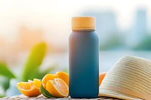 Glass water bottle with bamboo lid on woven fabric surface with fresh fruits and straw hat photo