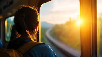 Traveler Boards Scenic Train Journey Through Lush Landscapes with Window Reflections and Cinematic photo