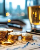 Luxury Business Setting with Gold Coins Tax Documents and Financial Graphs Symbolizing Wealth and photo