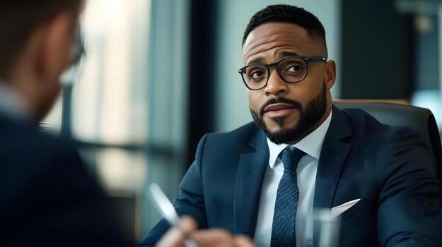 Financial Advisor Explaining Asset Diversification to Client in Elegant Office Setting photo