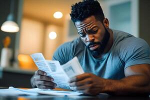 Worried middle aged man reviewing overdue financial documents at kitchen table photo