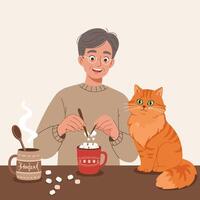 Person Adding Marshmallows to Hot Chocolate with Cat Watching vector
