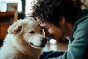 Heartwarming Documentary Photograph of Pet Owner Bonding with Loyal Canine Companion photo