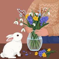 Arranging Spring Flowers in Vase with White Rabbit Watching vector