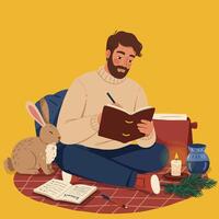 Man Writing in Notebook with Rabbit and Candlelight Still Life vector