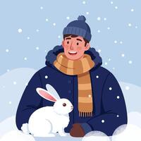 Man with Rabbit Enjoying Winter Snowfall Wearing Warm Clothes vector