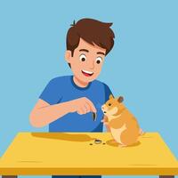 Boy Feeding Hamster with Seed on Table in Indoor Setting vector