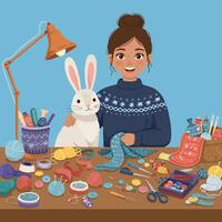 Woman Crafting with Rabbit at the Table Under the Lamp vector