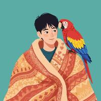 Man with Parrot Cartoon Illustration Wrapped in Cozy Blanket vector