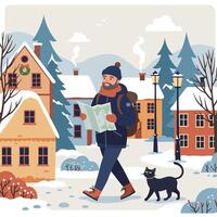 Man Walking with Map in Snowy Village with Cat and Backpack vector