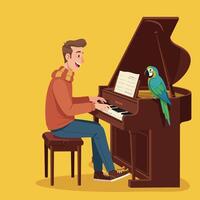 Man Playing Piano with Parrot Nearby in a Comfortable Setting vector