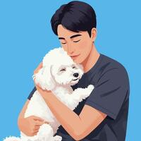 Man Hugging White Dog Tenderly with Eyes Closed in Loving Embrace vector